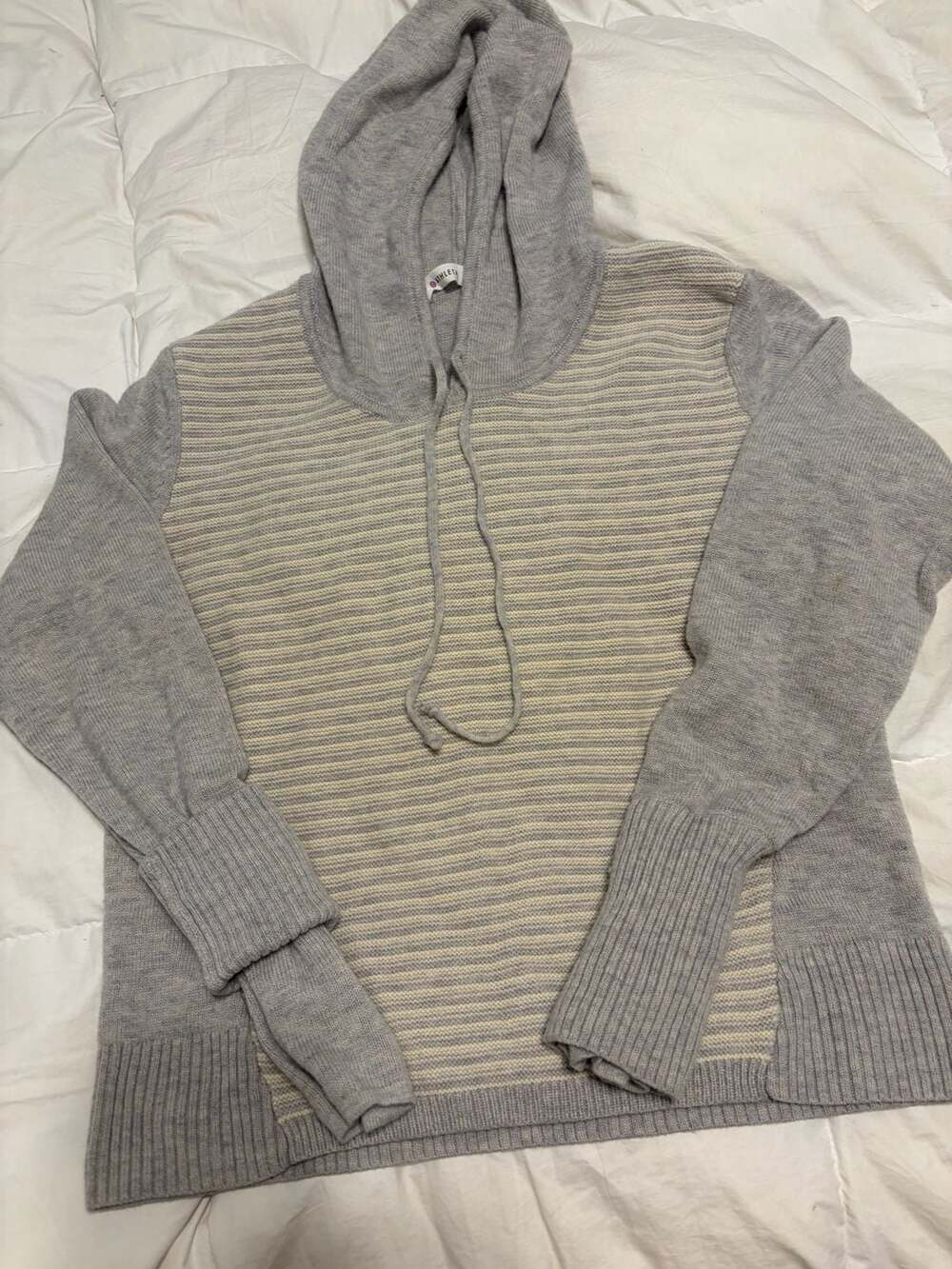 Athleta Noe Wool Hooded Sweater Size L Gray Striped Merino
